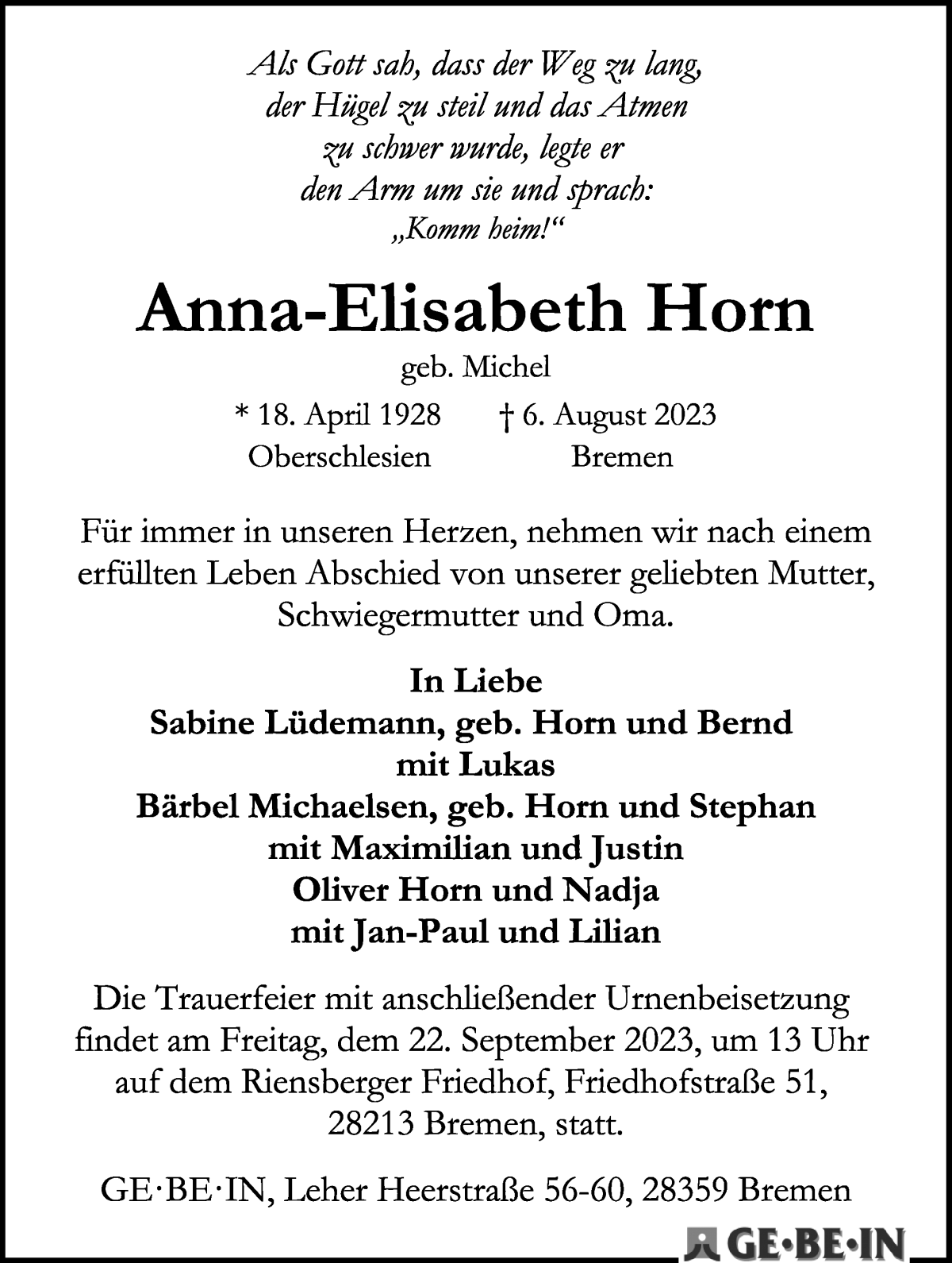 Traueranzeige von Anna-Elisabeth Horn von WESER-KURIER