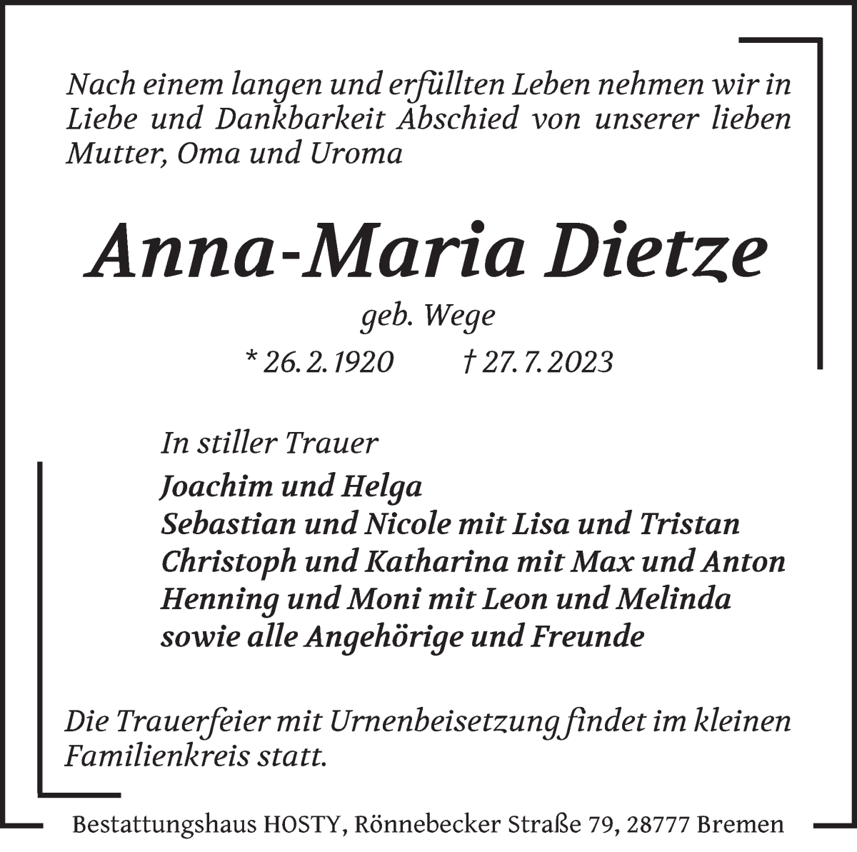 Traueranzeige von Anna-Maria Dietze von WESER-KURIER