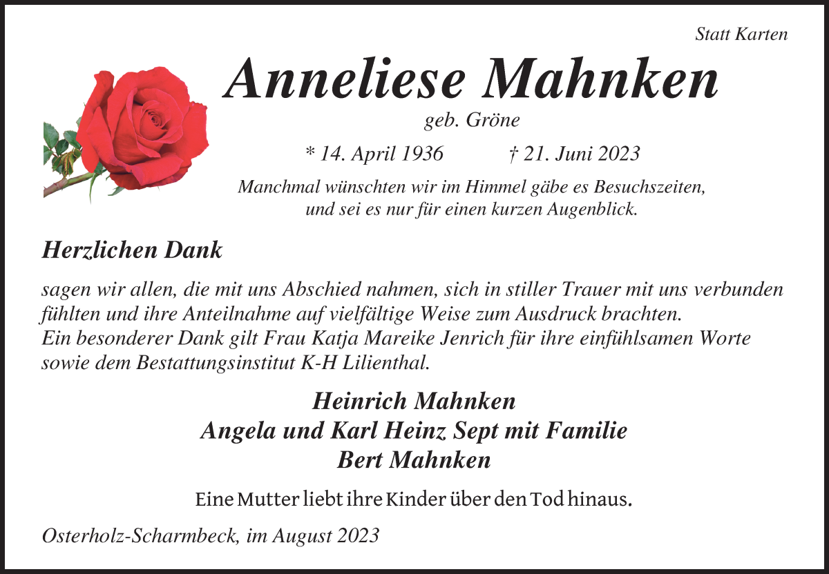 Traueranzeige von Anneliese Mahnken von Osterholzer Kreisblatt