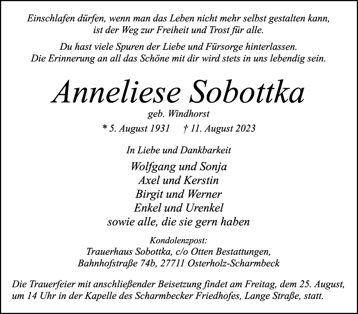 Traueranzeige von Anneliese Sobottka von Osterholzer Kreisblatt
