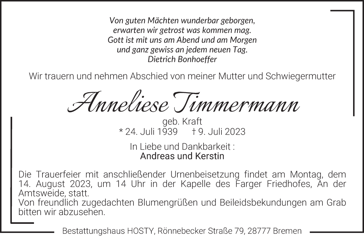 Traueranzeige von Anneliese Timmermann von Die Norddeutsche