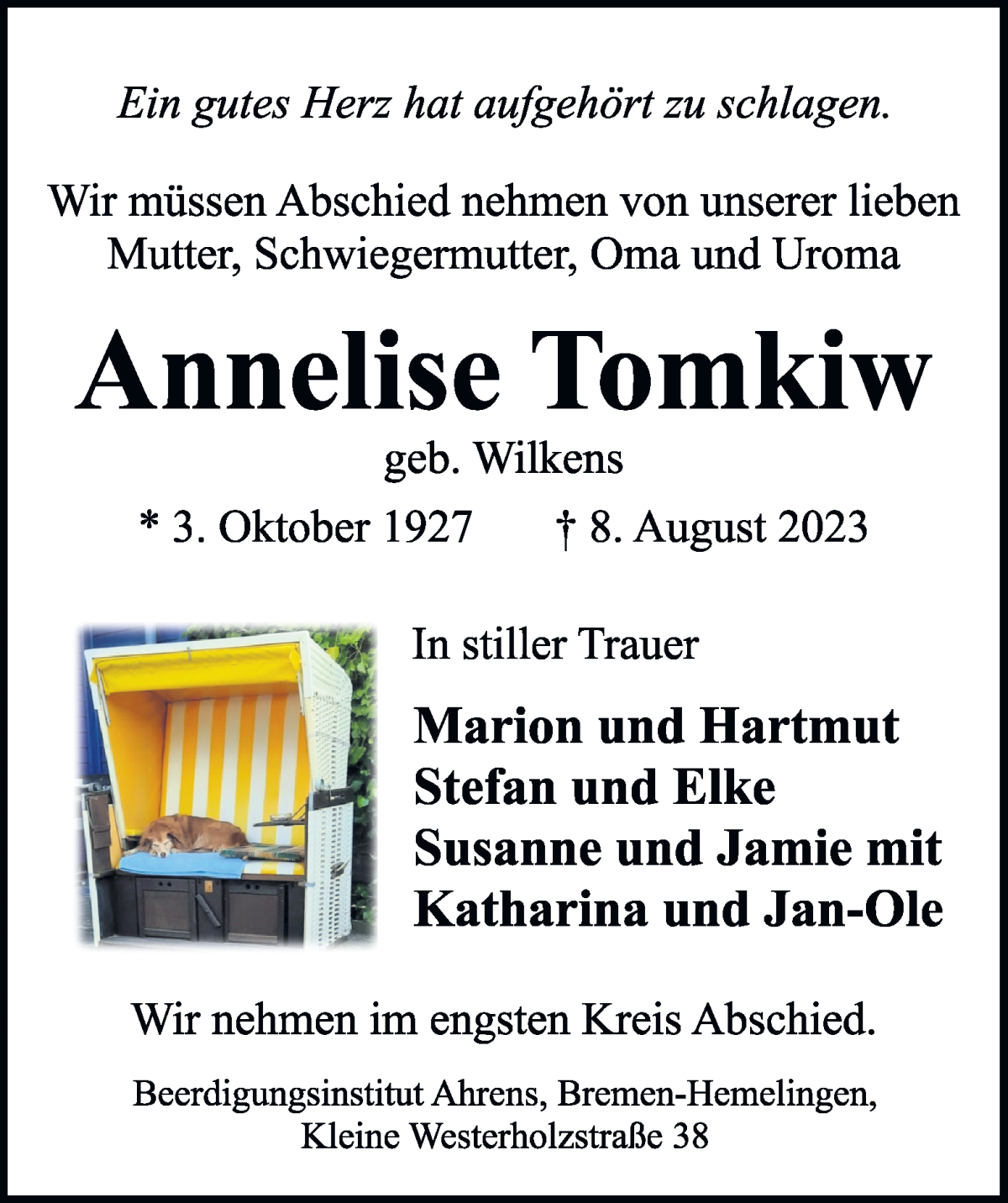 Traueranzeige von Annelise Tomkiw von WESER-KURIER
