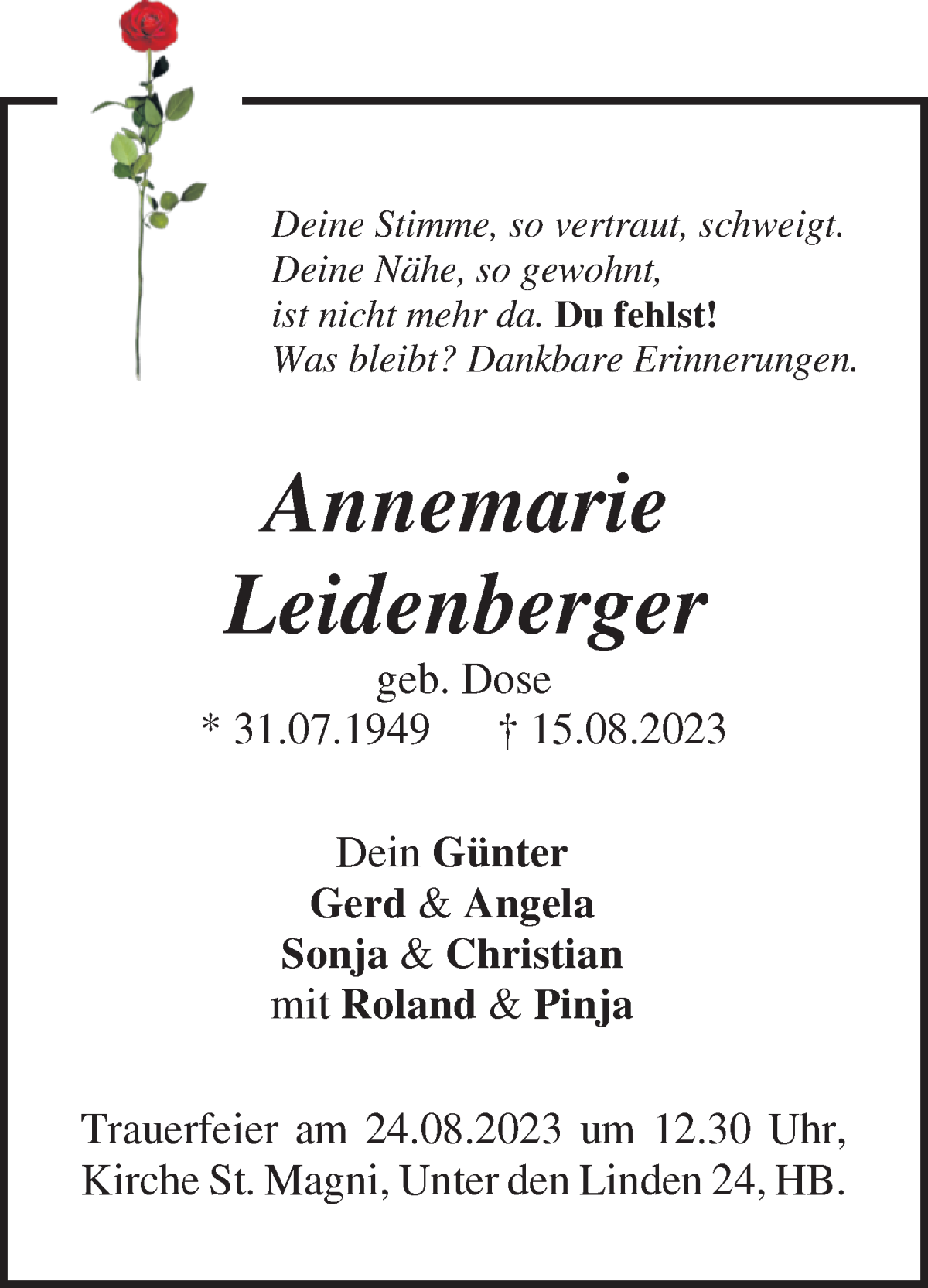 Traueranzeige von Annemarie Leidenberger von WESER-KURIER