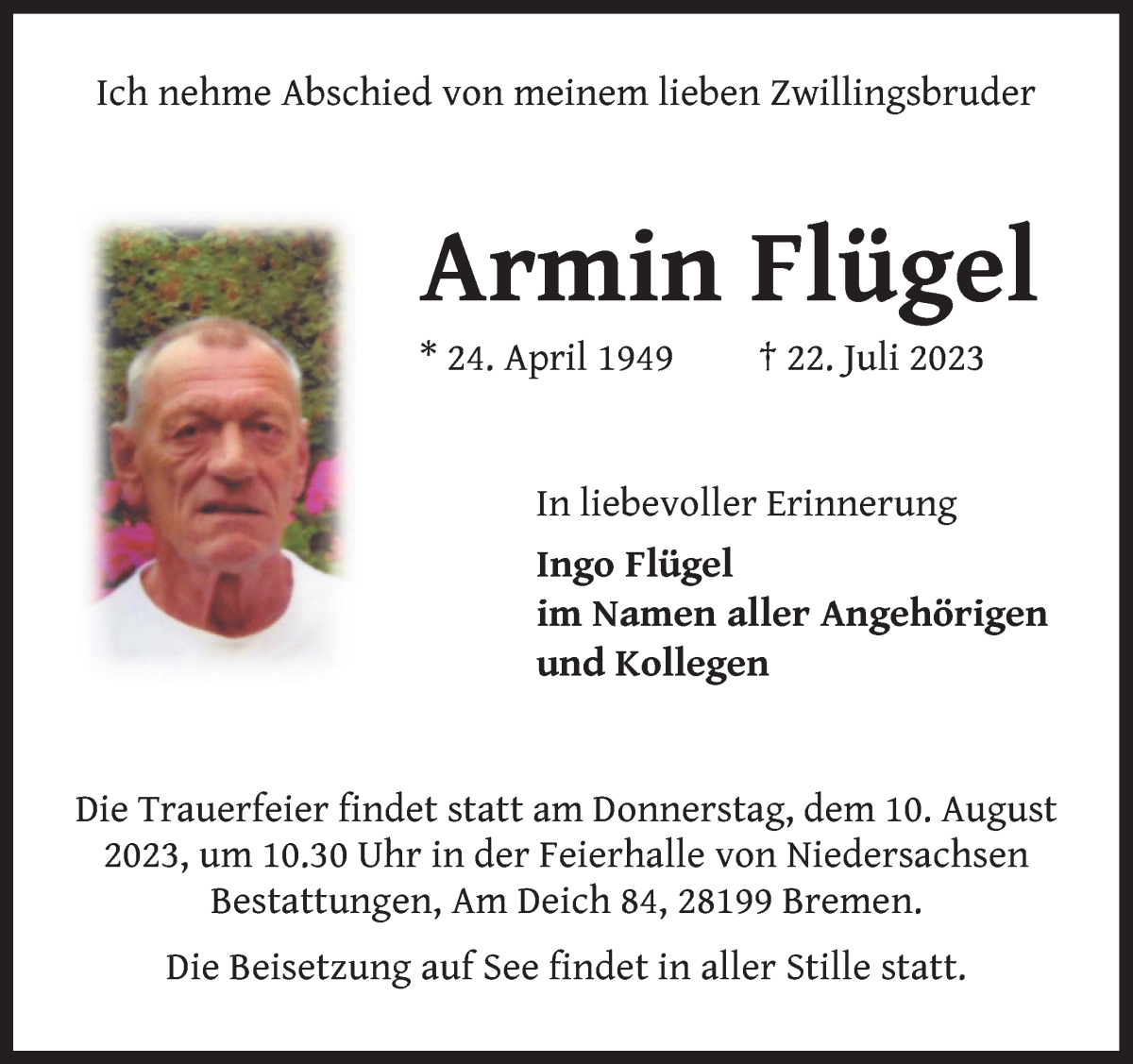 Traueranzeige von Armin Flügel von WESER-KURIER