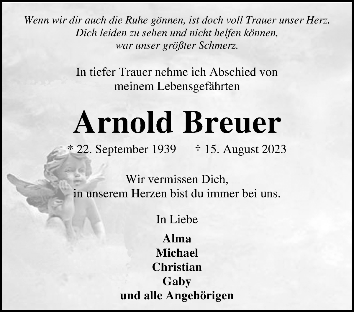 Traueranzeige von Arnold Breuer von Osterholzer Kreisblatt