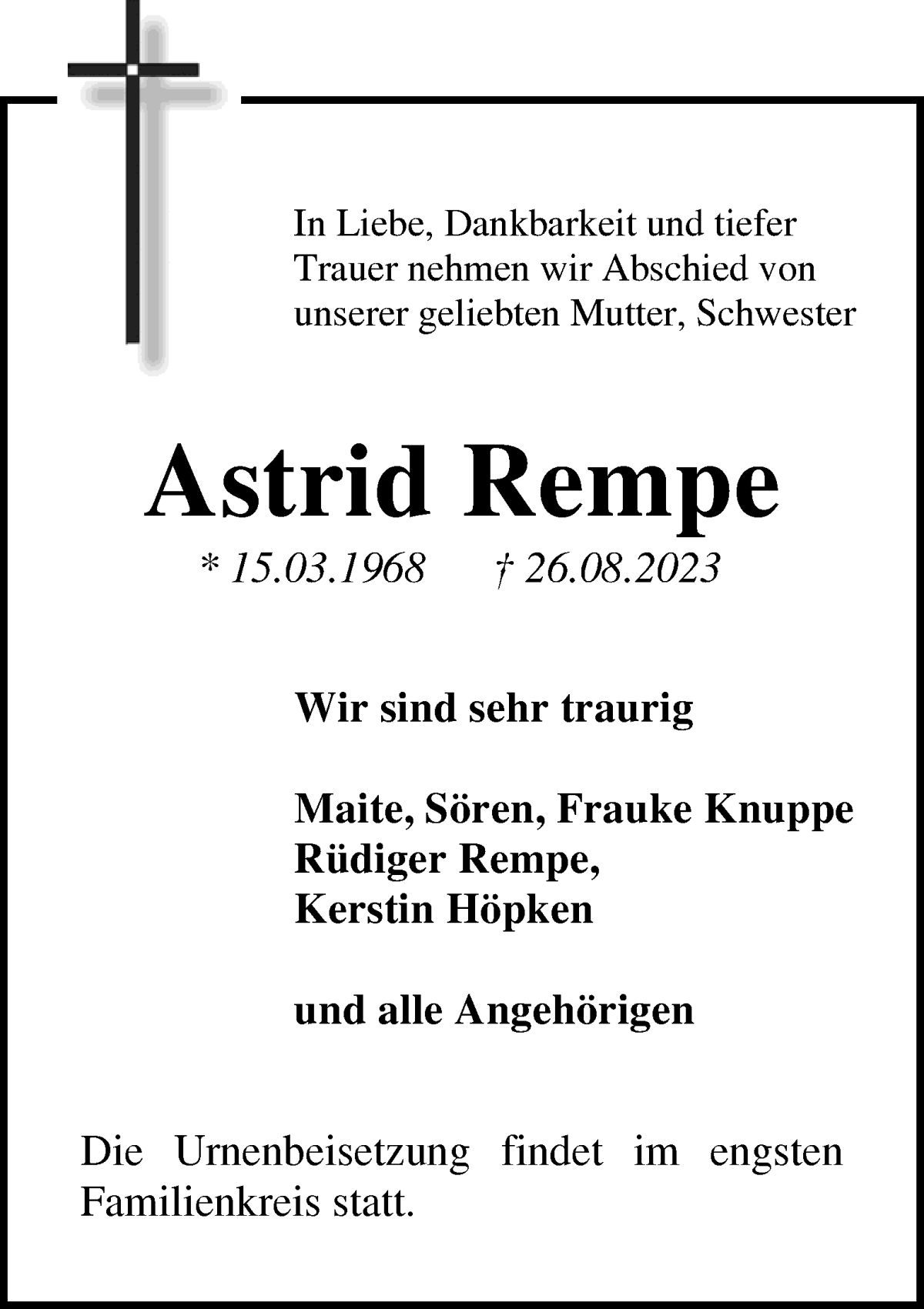 Traueranzeige von Astrid Rempe von WESER-KURIER