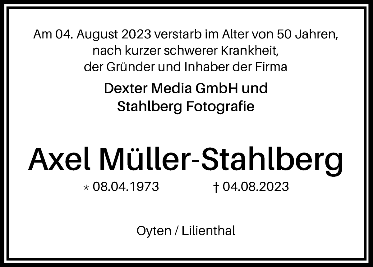 Traueranzeige von Axel Müller-Stahlberg von WESER-KURIER