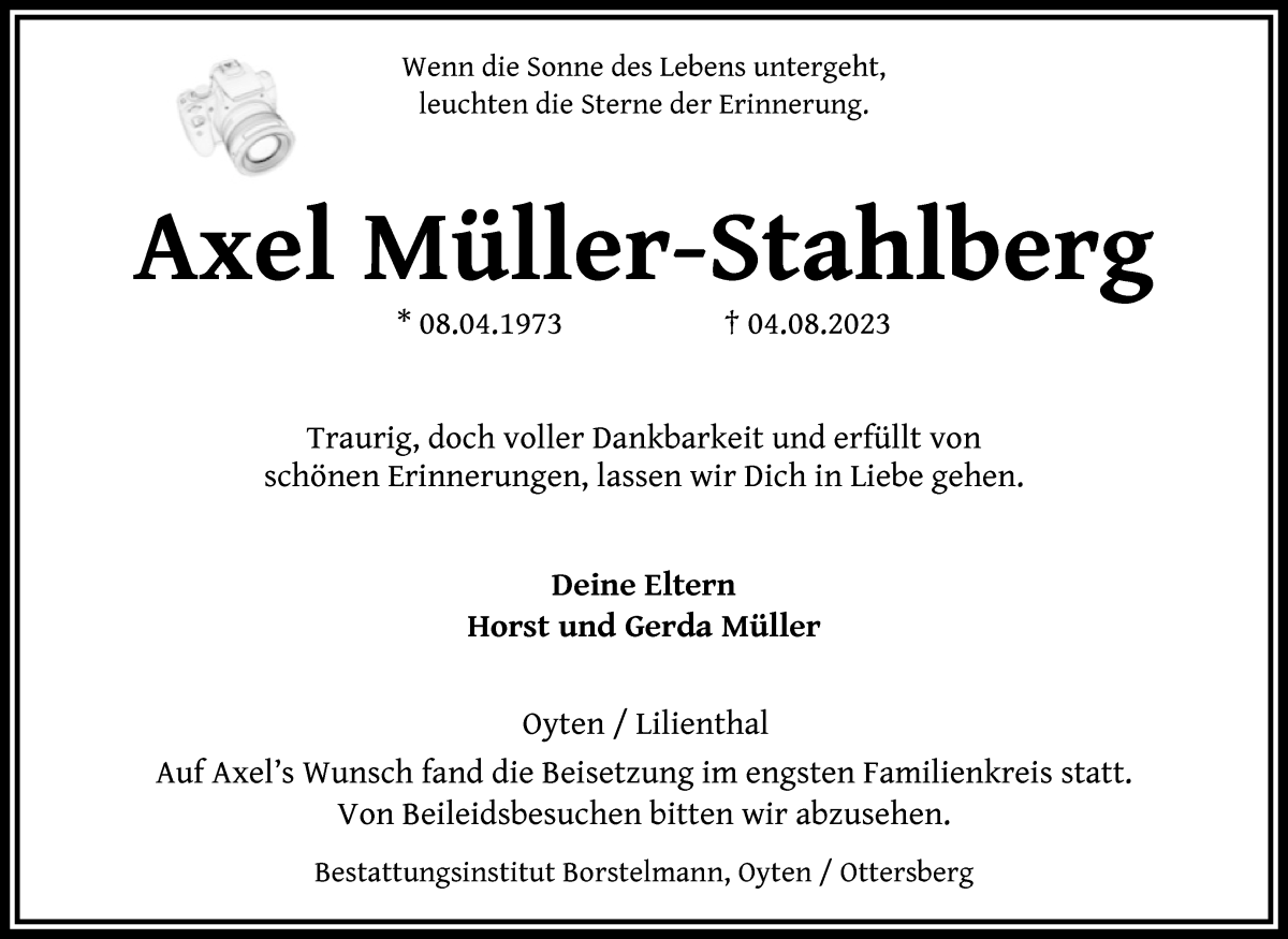 Traueranzeige von Axel Müller-Stahlberg von WESER-KURIER