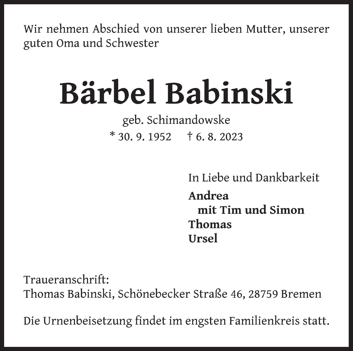 Traueranzeige von Bärbel Babinski von Die Norddeutsche