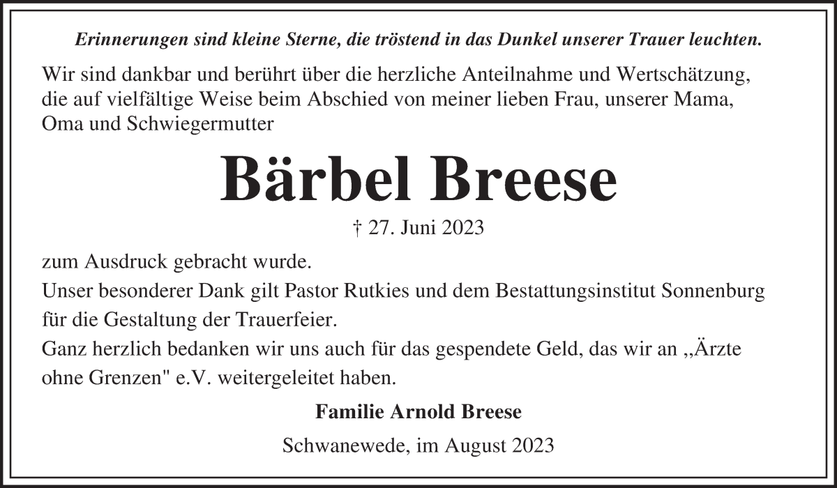 Traueranzeige von Bärbel Breese von Die Norddeutsche
