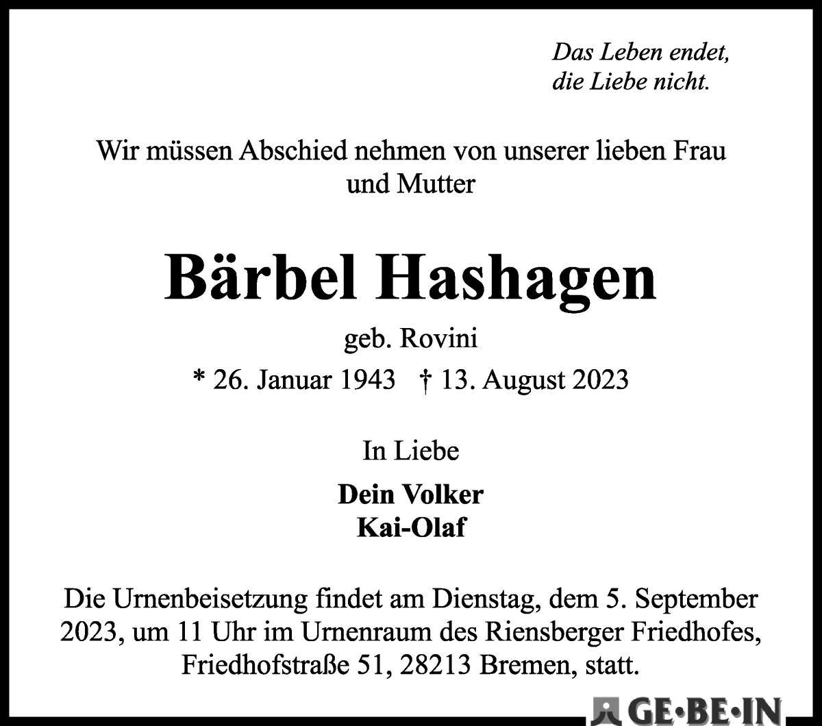 Traueranzeige von Bärbel Hashagen von WESER-KURIER