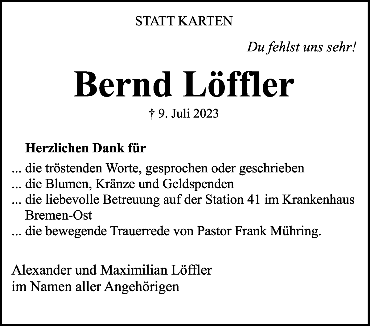 Traueranzeige von Bernd Löffler von WESER-KURIER