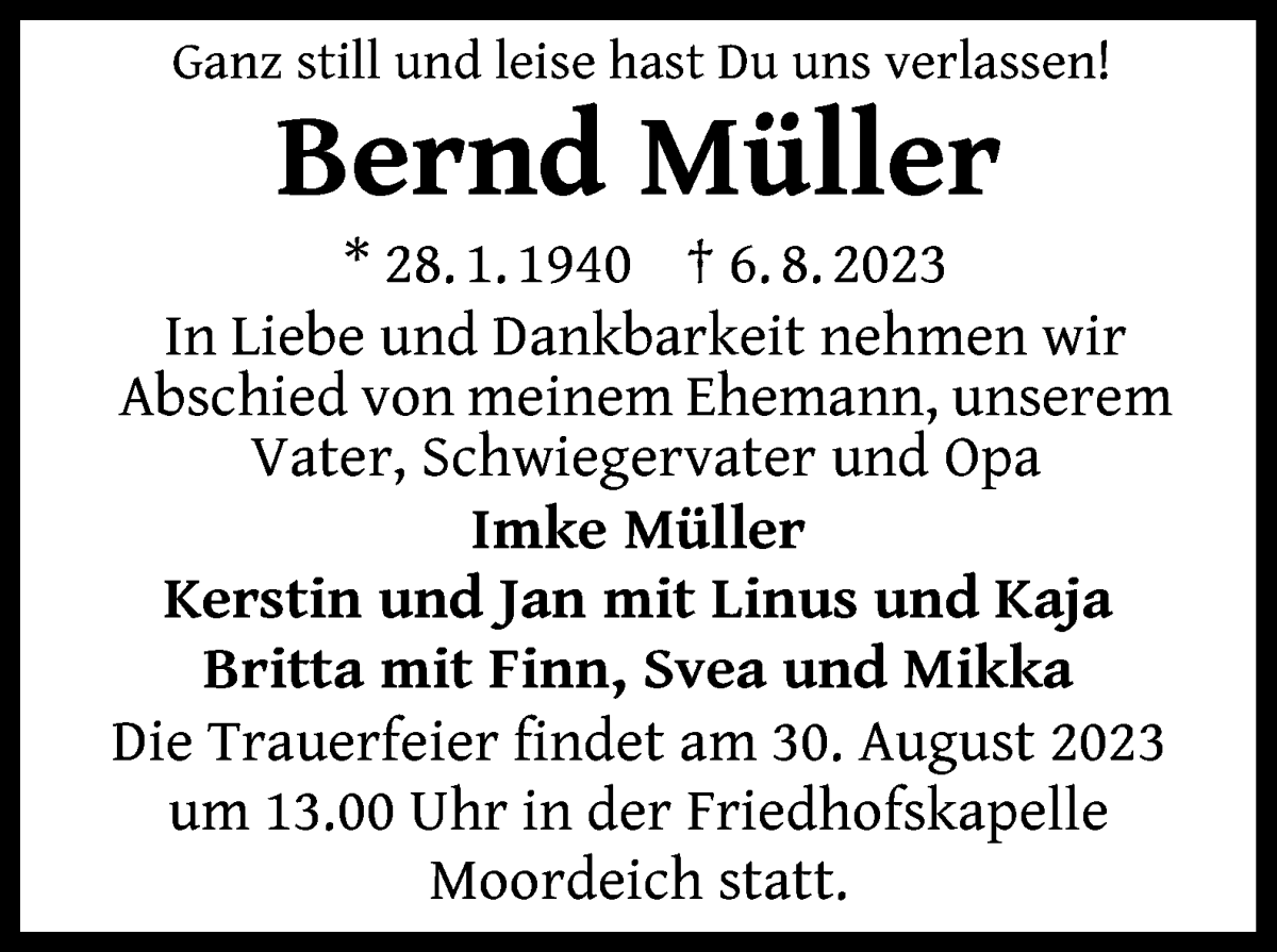 Traueranzeige von Bernd Müller von WESER-KURIER