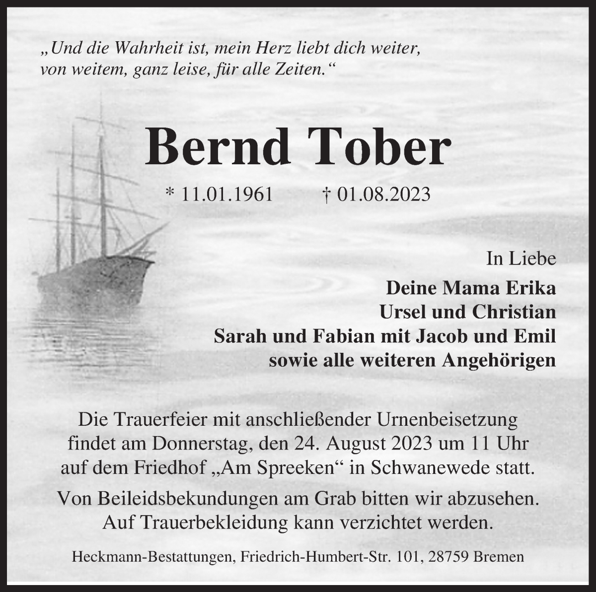 Traueranzeige von Bernd Tober von Die Norddeutsche