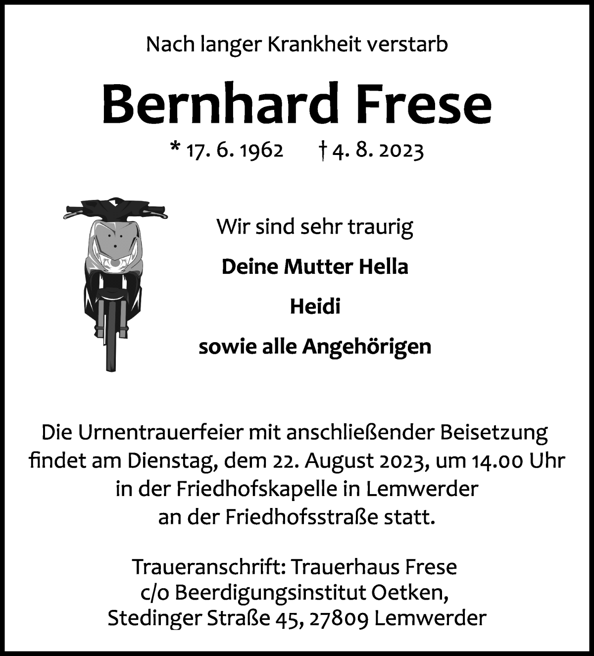 Traueranzeige von Bernhard Frese von Die Norddeutsche