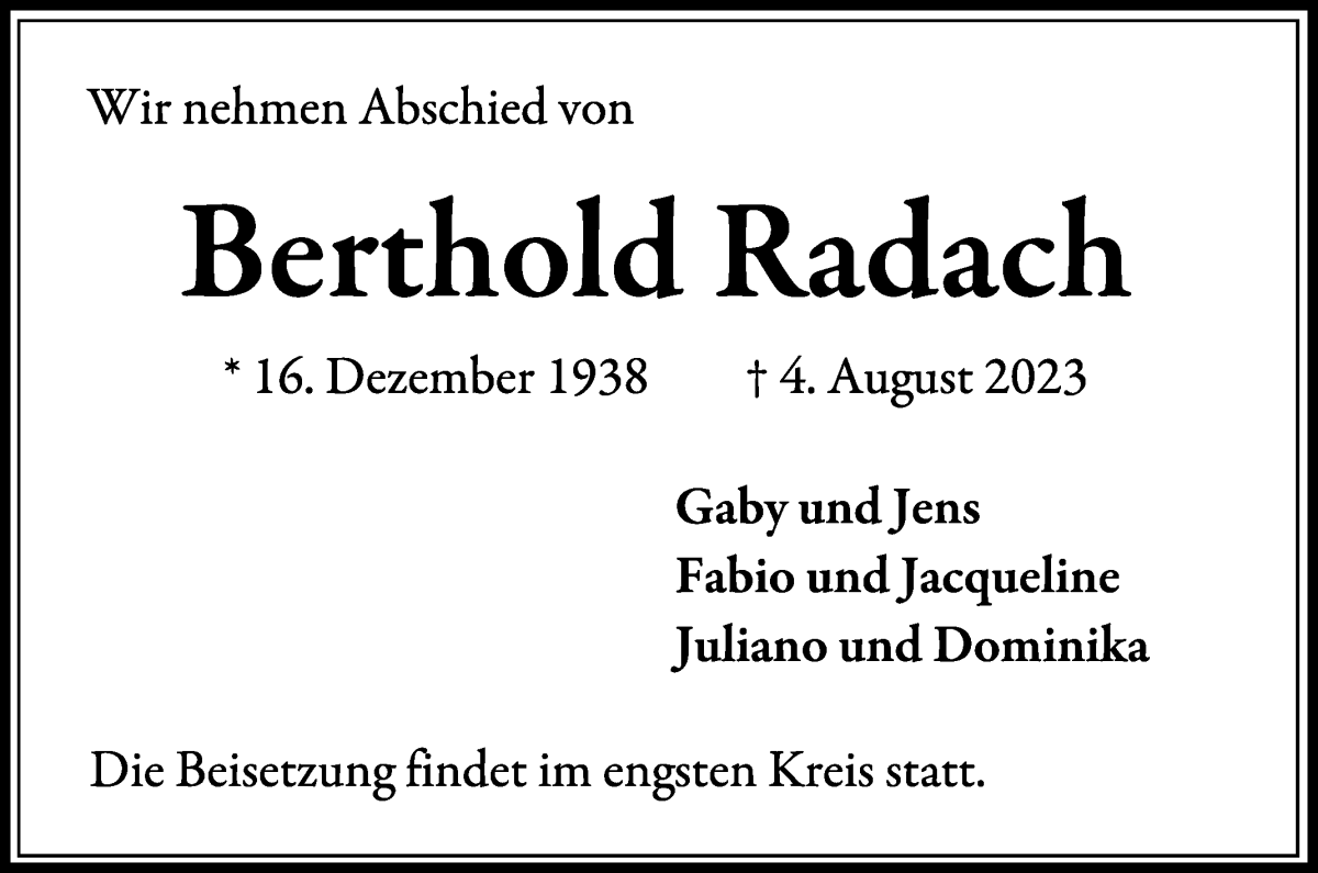 Traueranzeige von Berthold Radach von WESER-KURIER