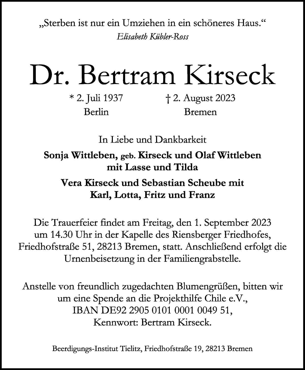 Traueranzeige von Bertram Kirseck von WESER-KURIER