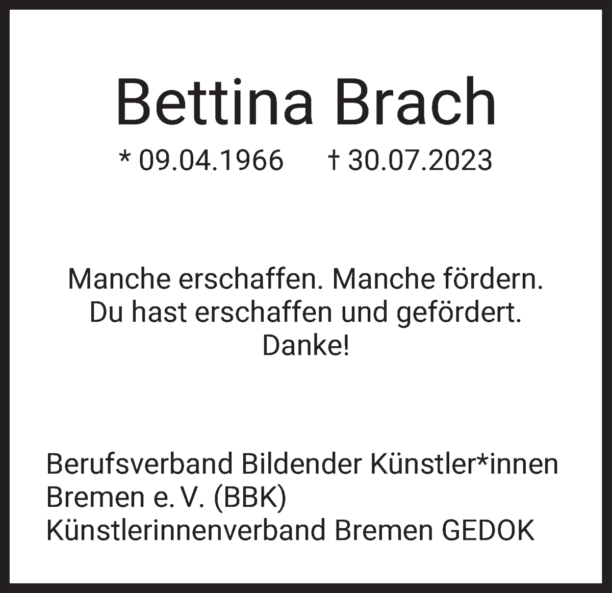 Traueranzeige von Bettina Brach von WESER-KURIER