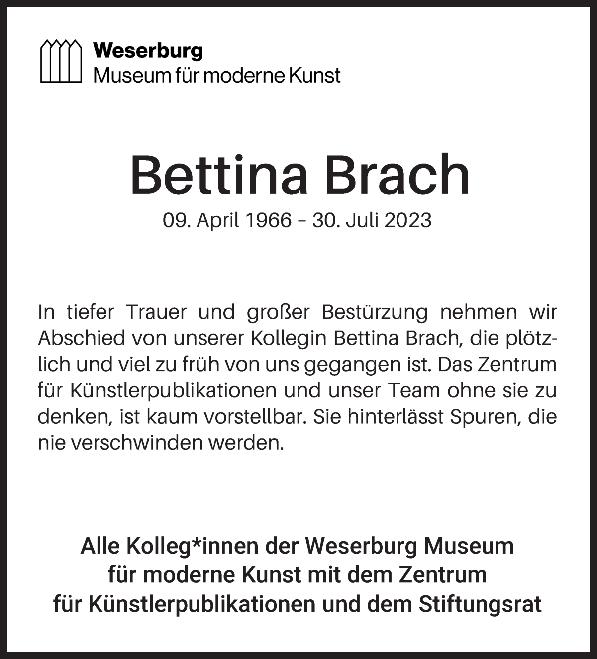 Traueranzeige von Bettina Brach von WESER-KURIER