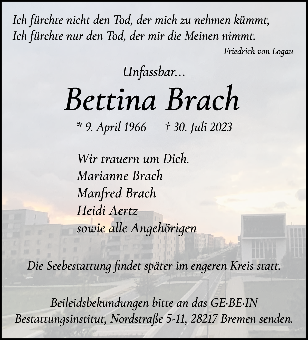 Traueranzeige von Bettina Brach von WESER-KURIER