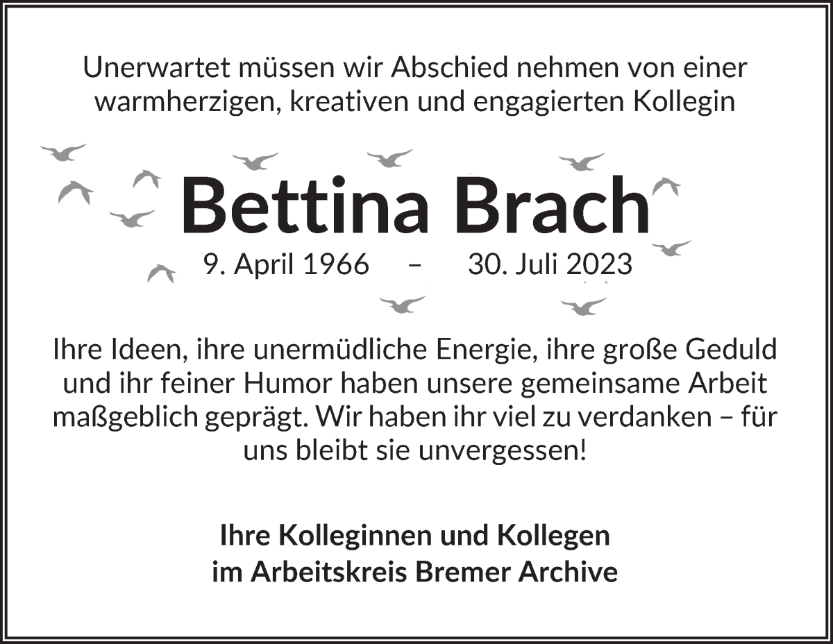 Traueranzeige von Bettina Brach von WESER-KURIER