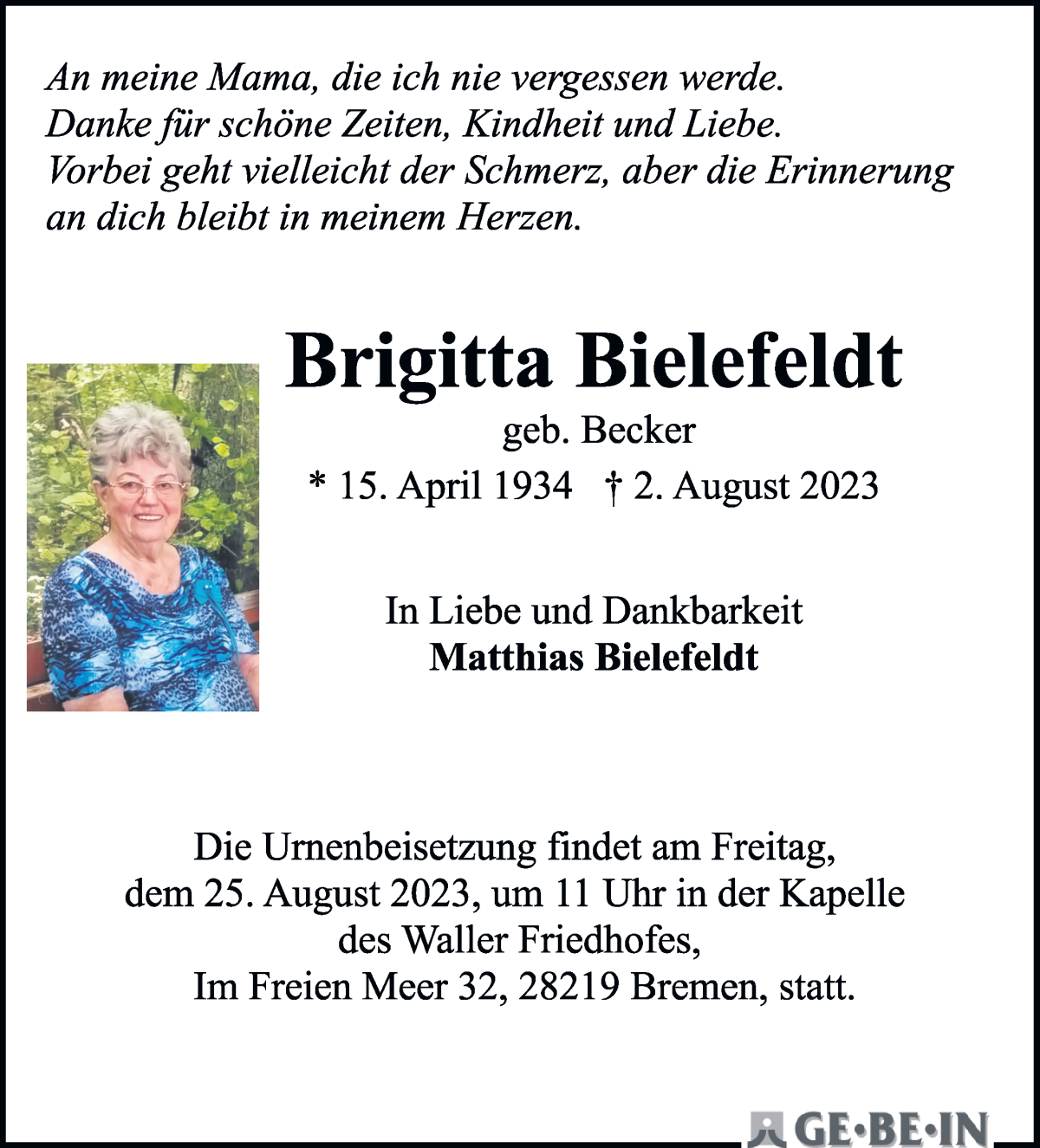Traueranzeige von Brigitta Bielefeldt von WESER-KURIER