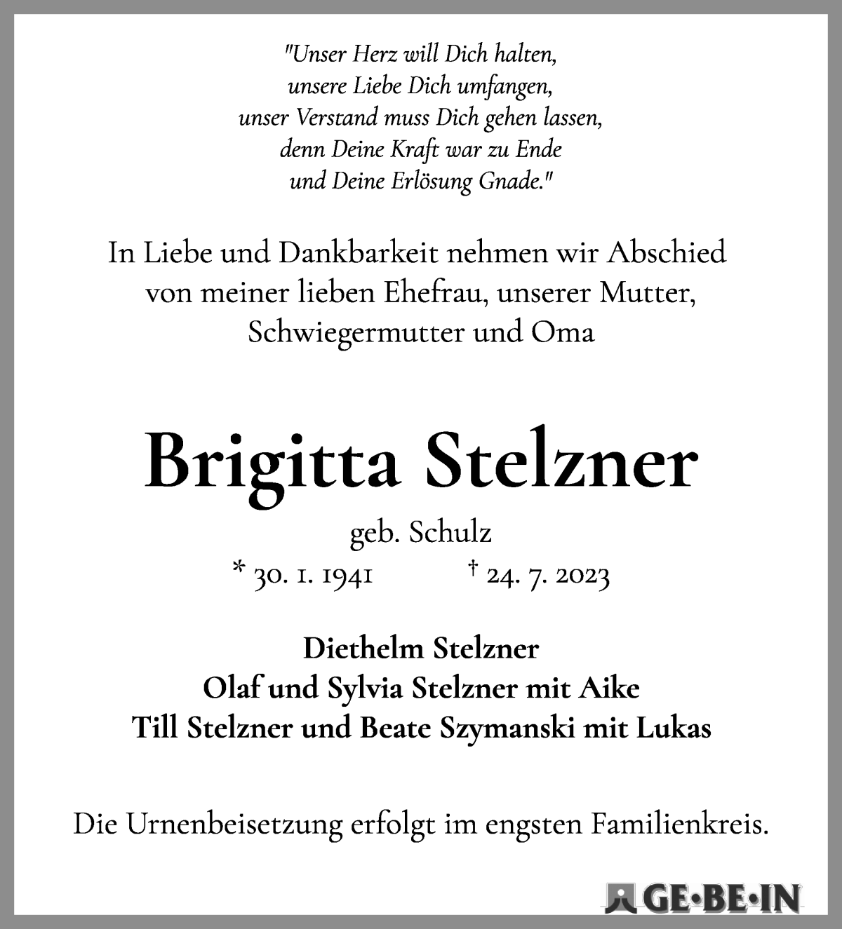 Traueranzeige von Brigitta Stelzner von WESER-KURIER