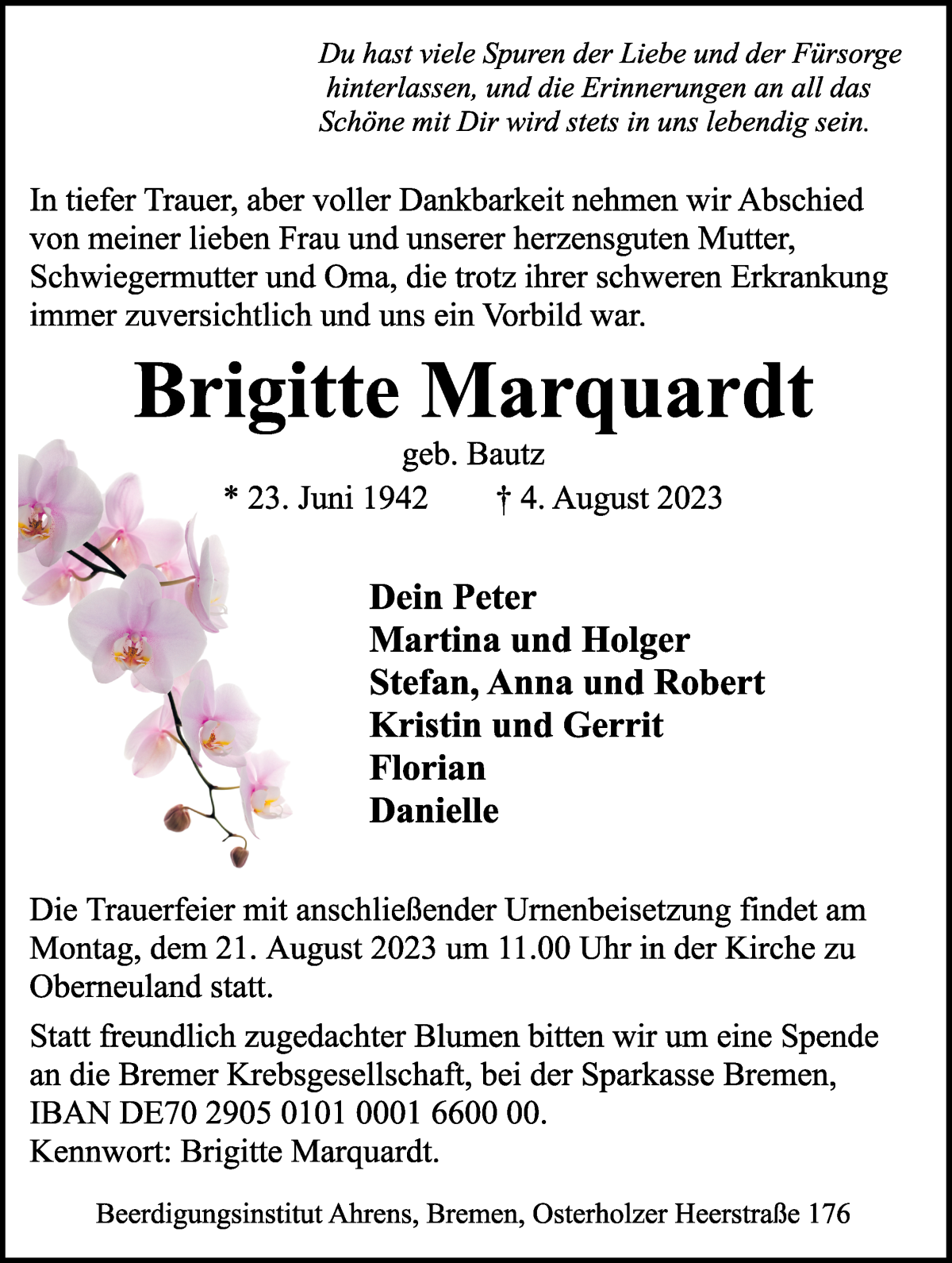 Traueranzeige von Brigitte Marquardt von WESER-KURIER