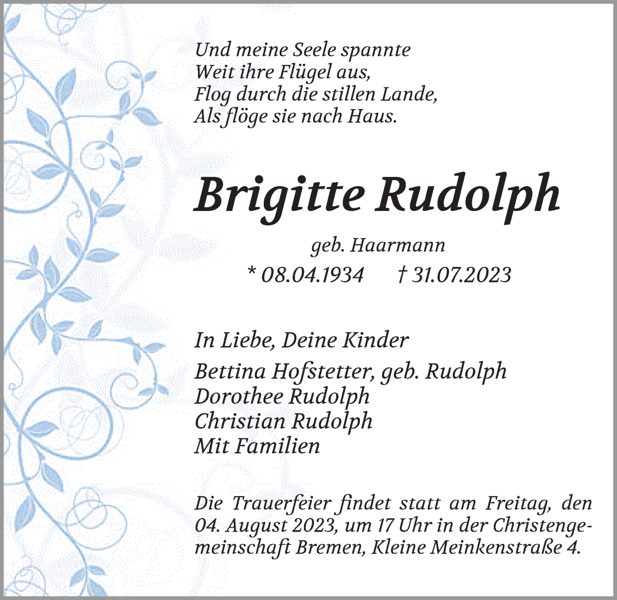 Traueranzeige von Brigitte Rudolph von WESER-KURIER