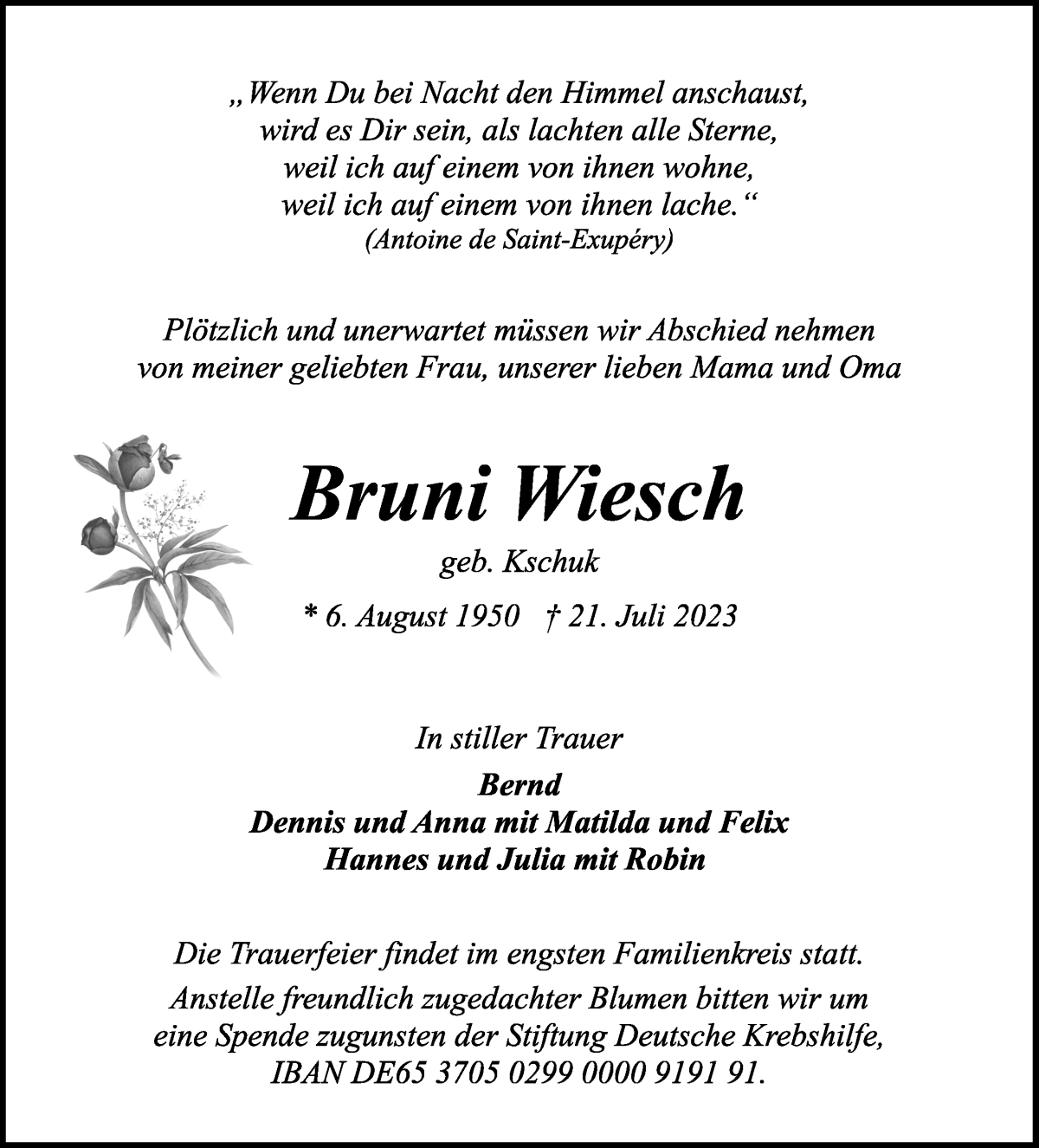 Traueranzeige von Bruni Wiesch von Achimer Kurier/Verdener Nachrichten