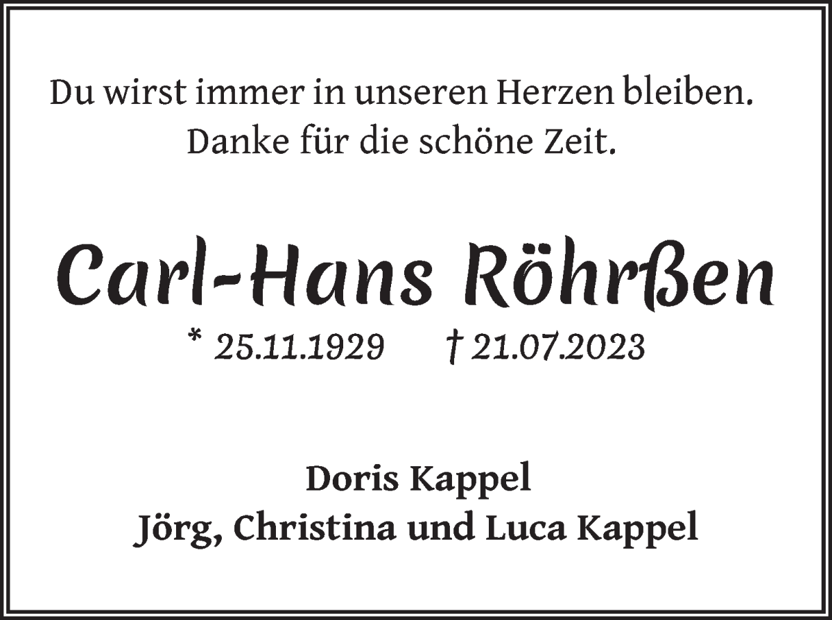 Traueranzeige von Carl-Hans Röhrßen von WESER-KURIER