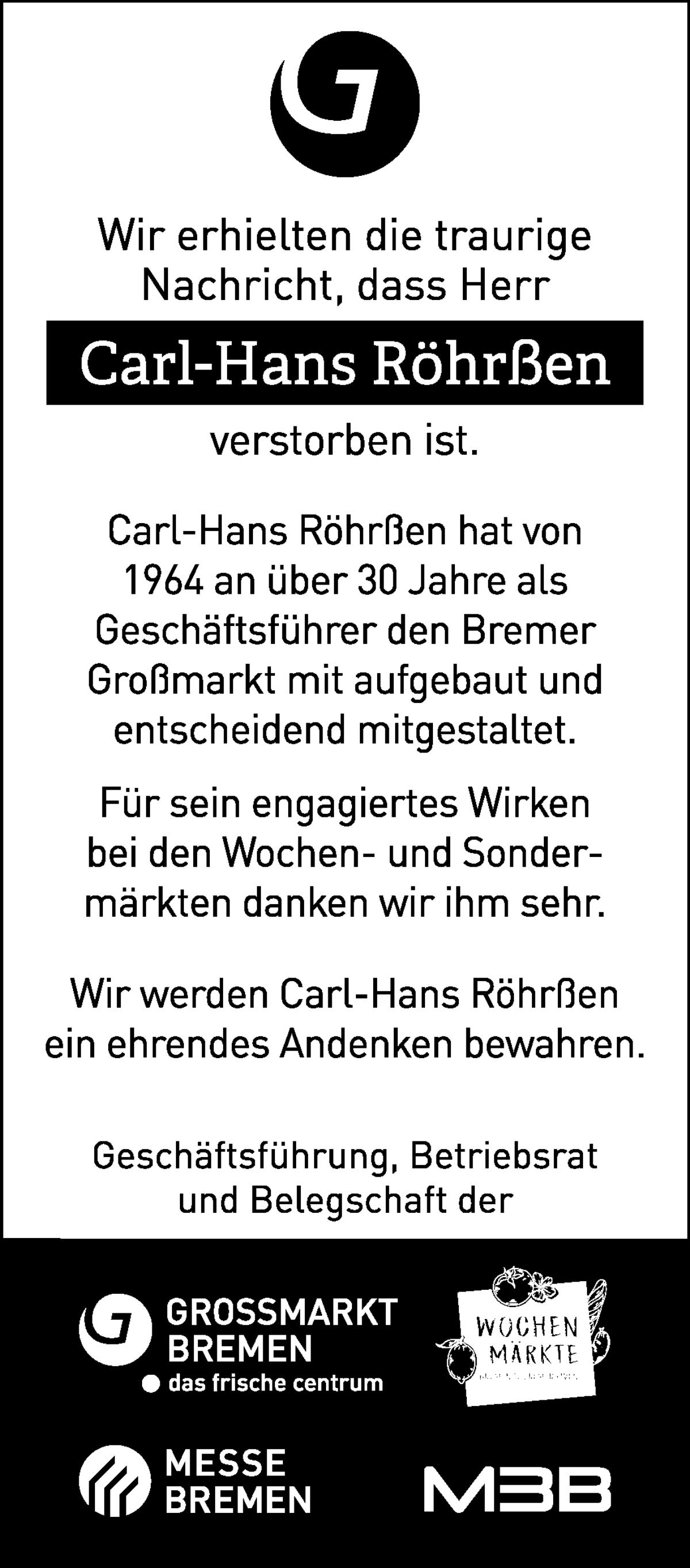Traueranzeige von Carl-Hans Röhrßen von WESER-KURIER