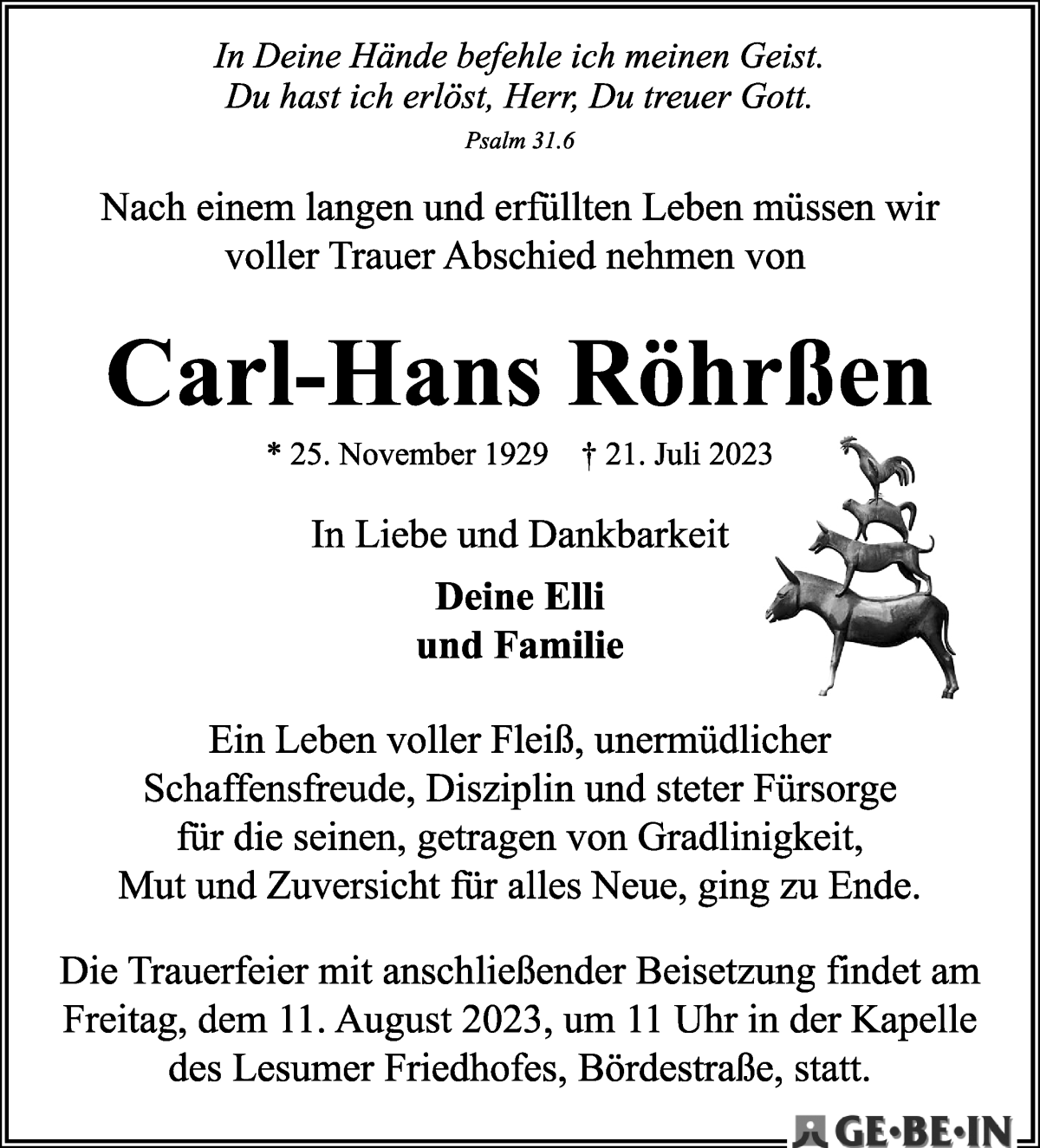Traueranzeige von Carl-Hans Röhrßen von WESER-KURIER