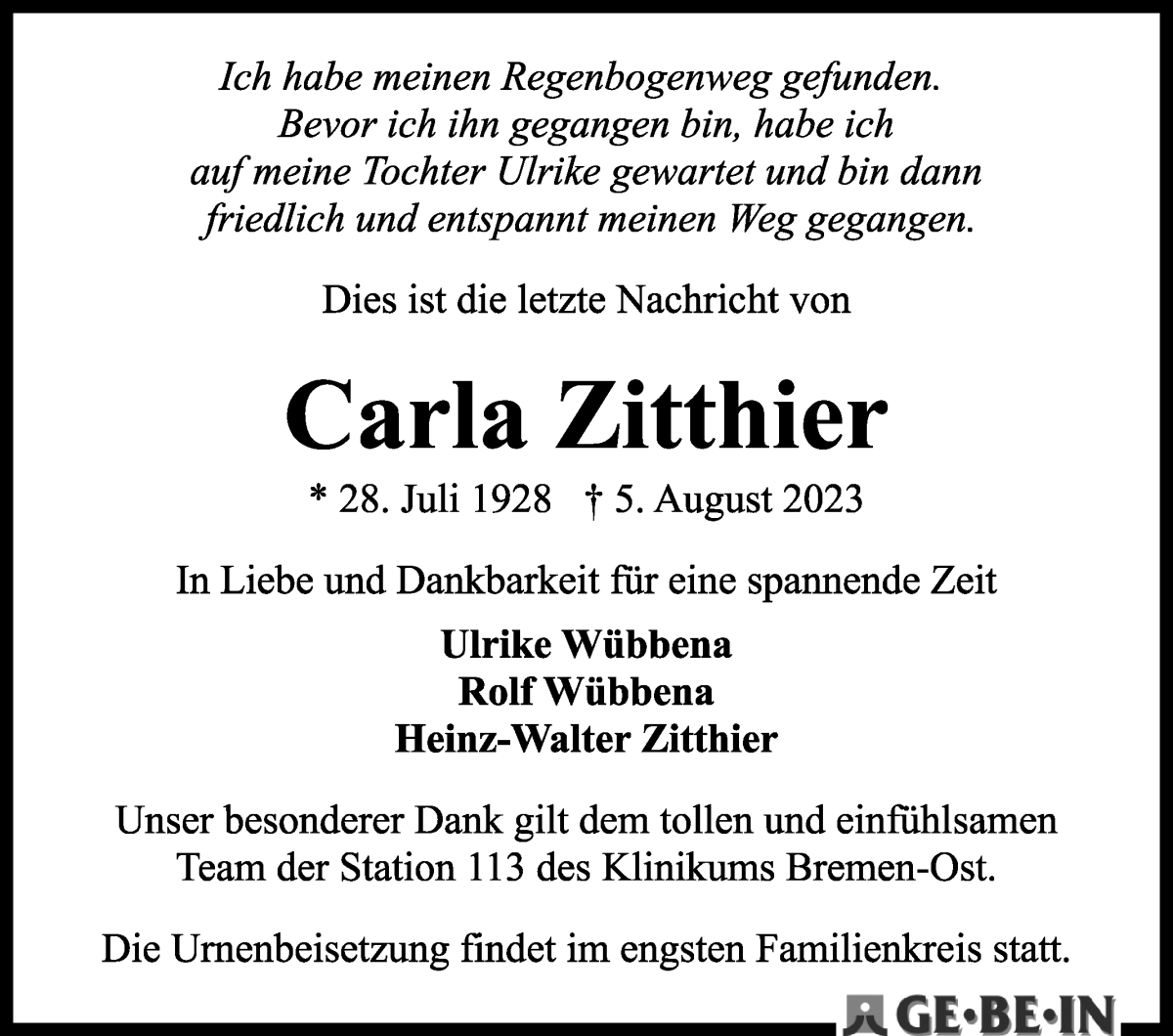 Traueranzeige von Carla Zitthier von WESER-KURIER