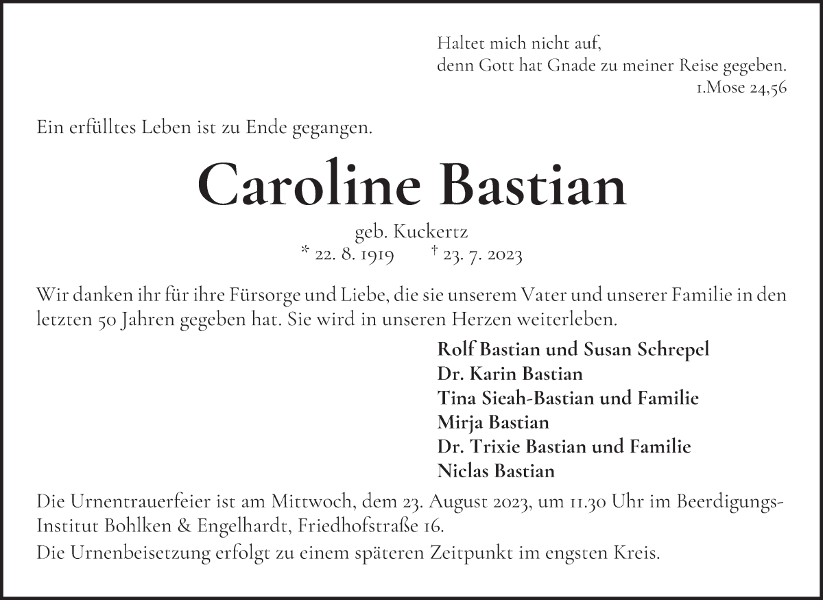 Traueranzeige von Caroline Bastian von WESER-KURIER