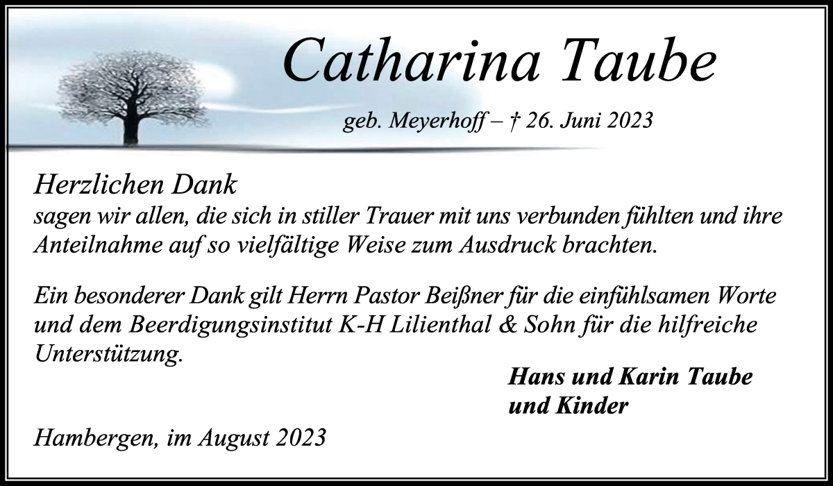 Traueranzeige von Catharina Taube von Osterholzer Kreisblatt