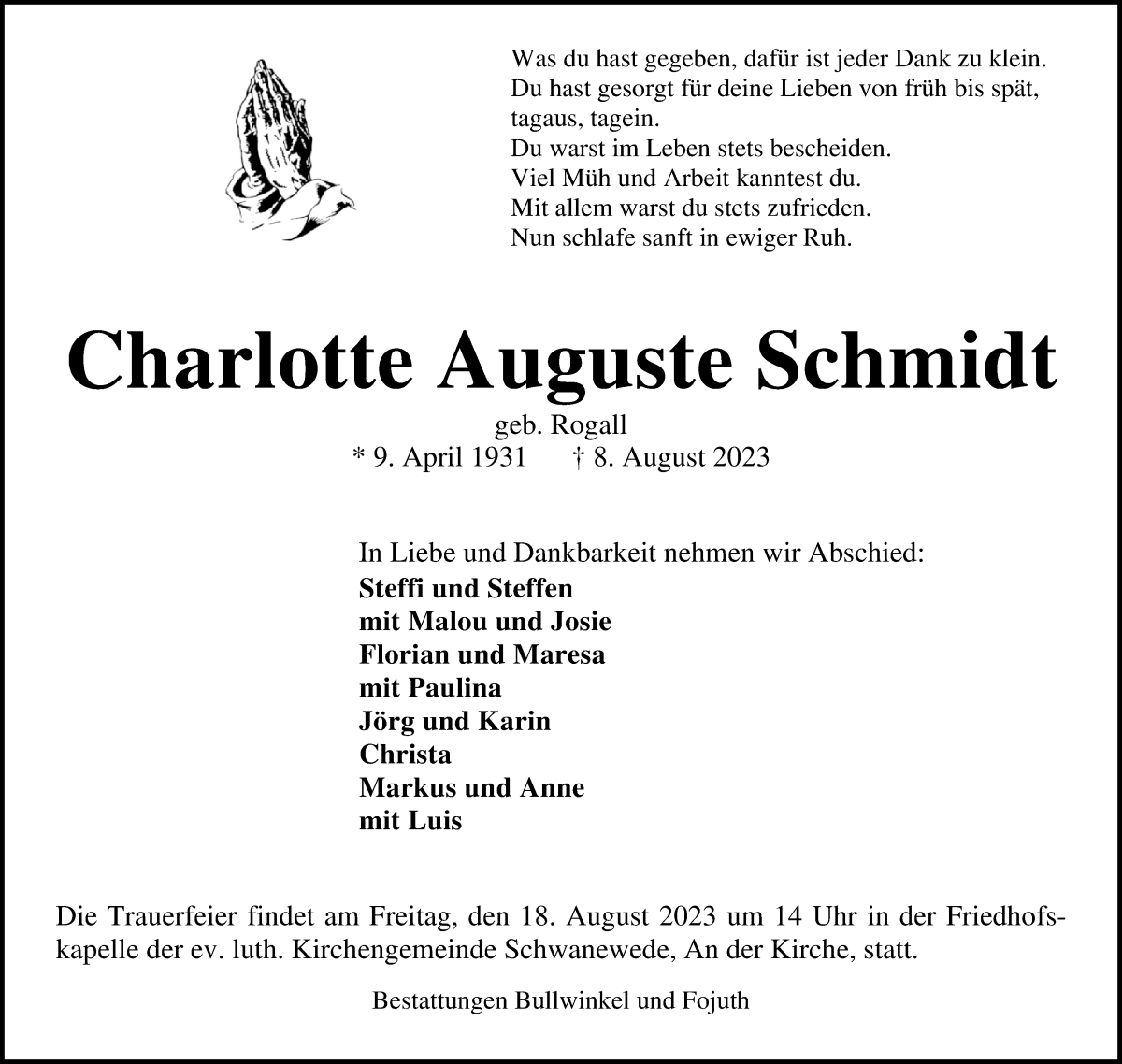 Traueranzeige von Charlotte Auguste Schmidt von Die Norddeutsche