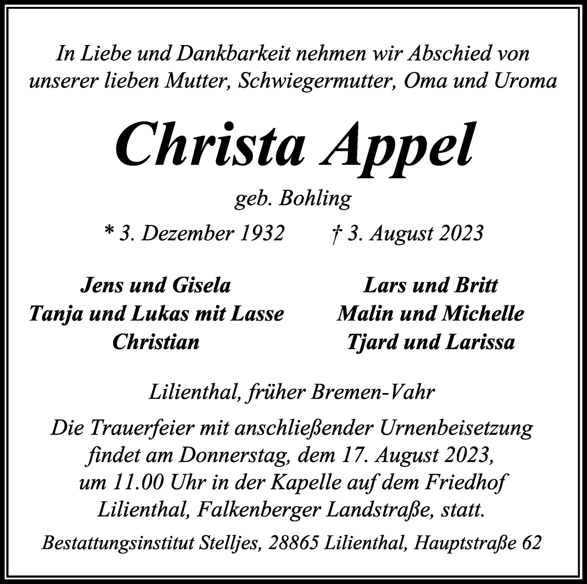 Traueranzeige von Christa Appel von WESER-KURIER