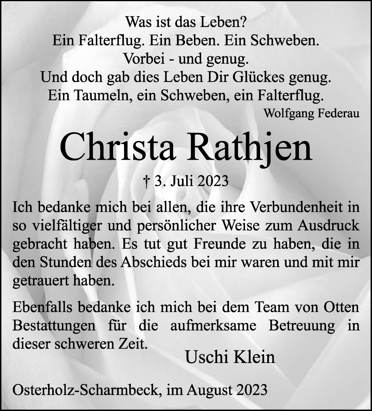 Traueranzeige von Christa Rathjen von Osterholzer Kreisblatt