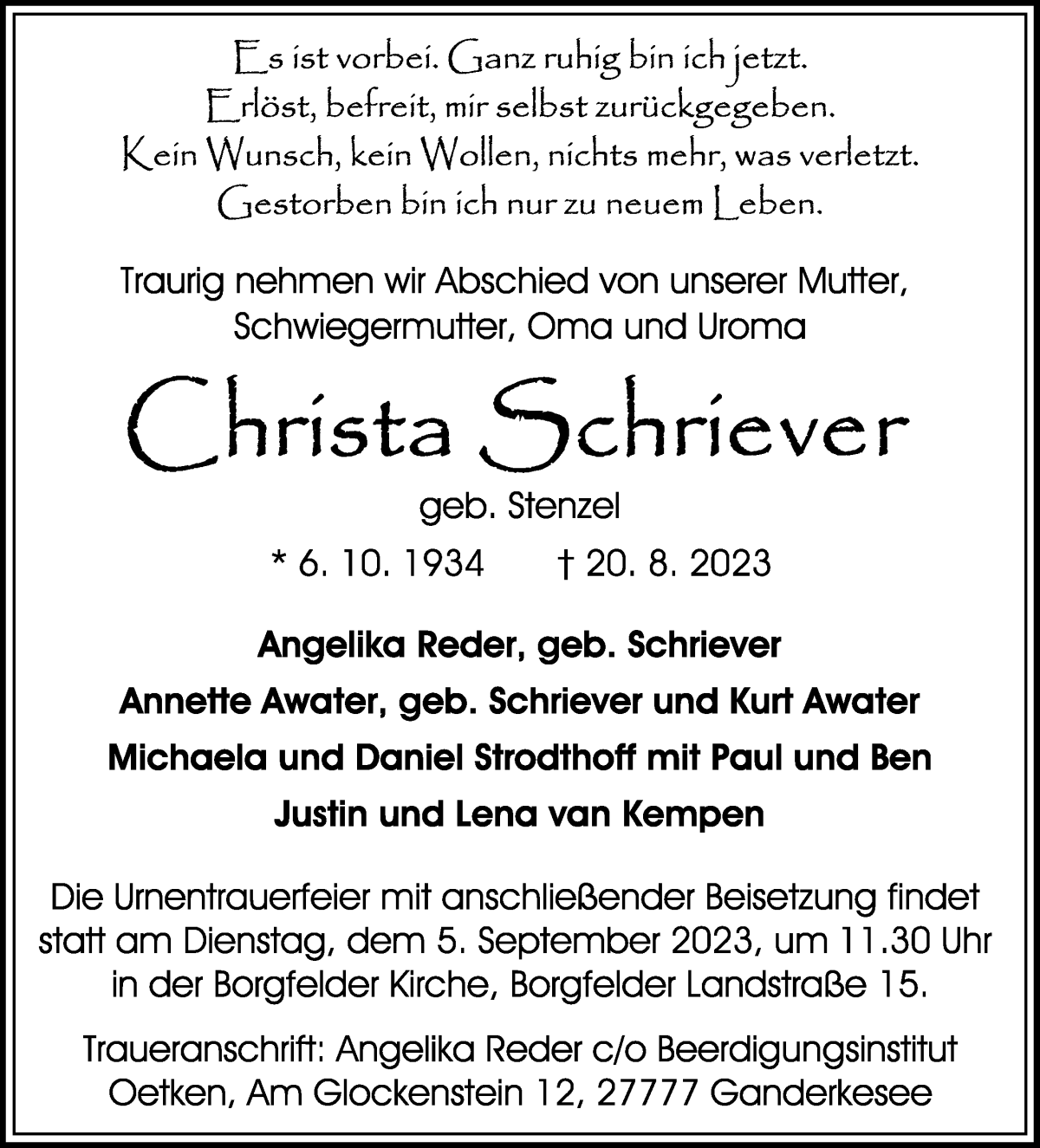 Traueranzeige von Christa Schriever von WESER-KURIER