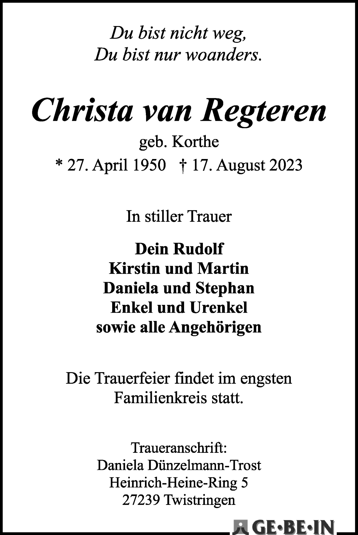 Traueranzeige von Christa van Regteren von WESER-KURIER