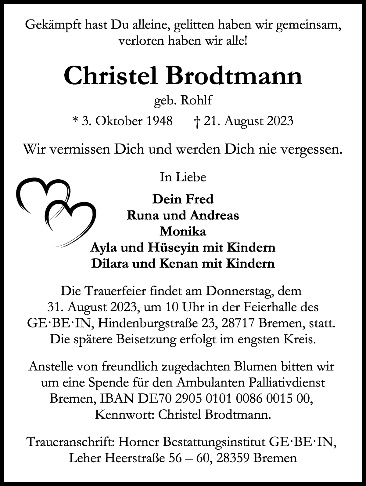 Traueranzeige von Christel Brodtmann von WESER-KURIER