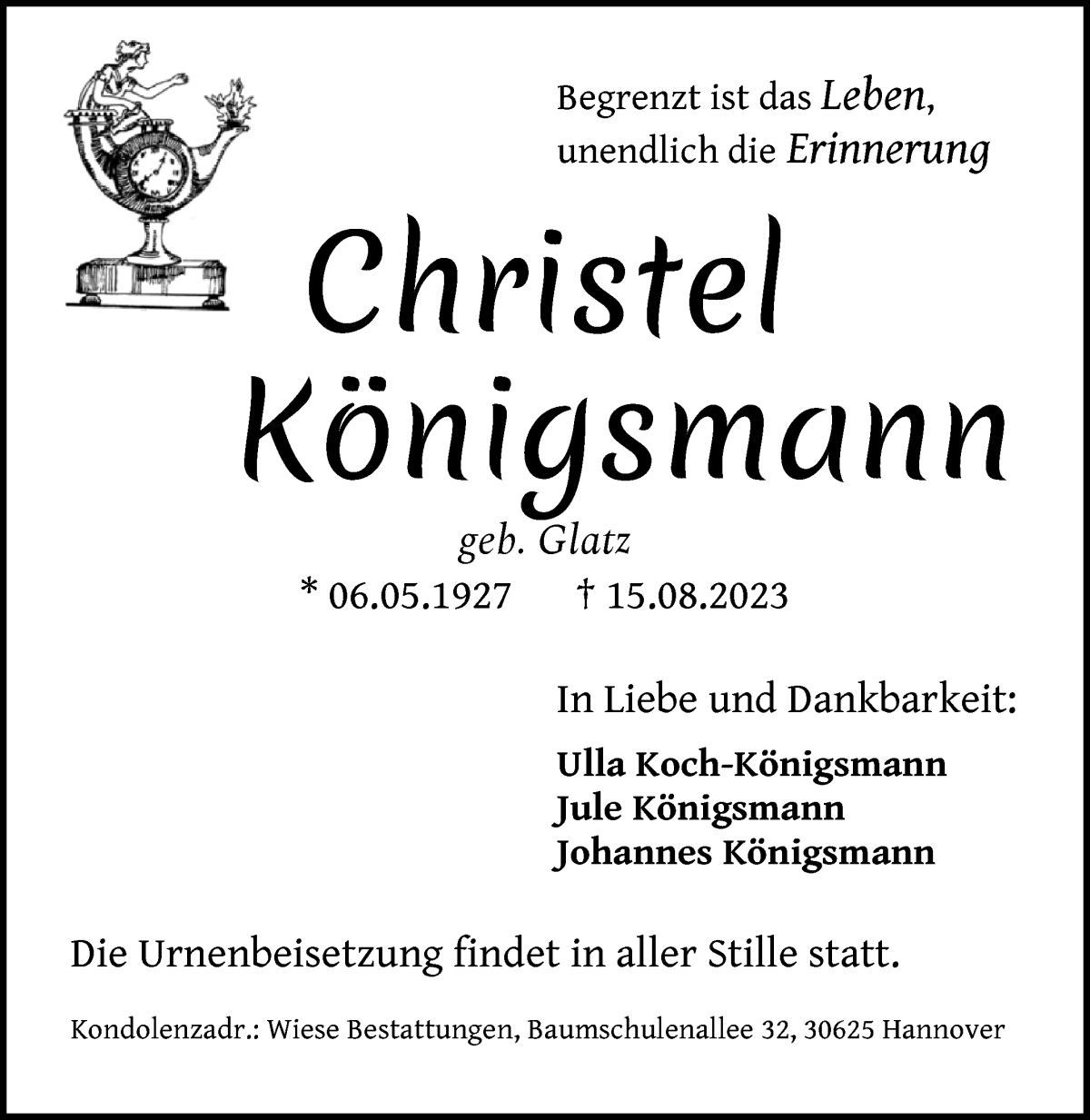 Traueranzeige von Christel Königsmann von WESER-KURIER