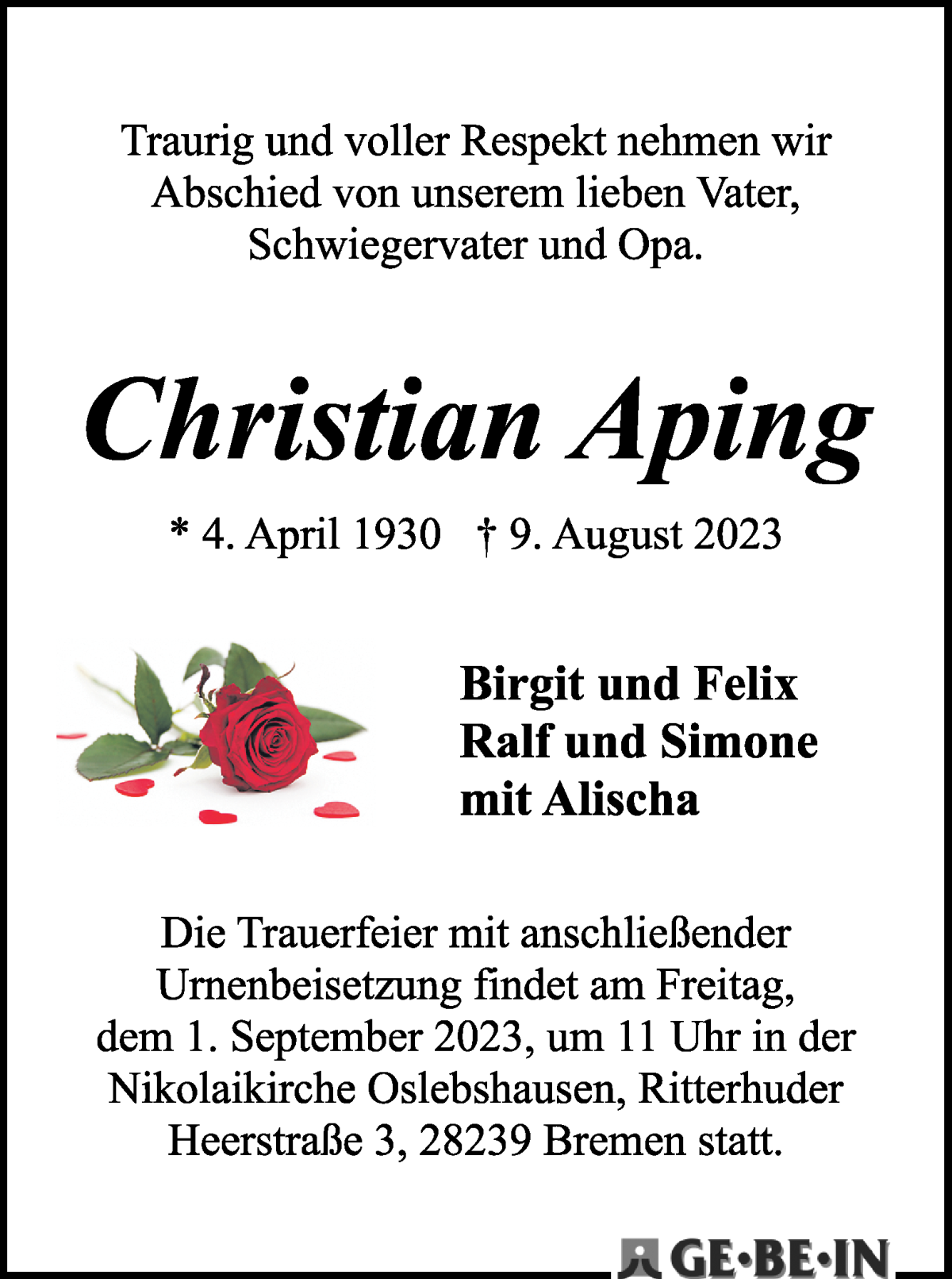 Traueranzeige von Christian Aping von WESER-KURIER