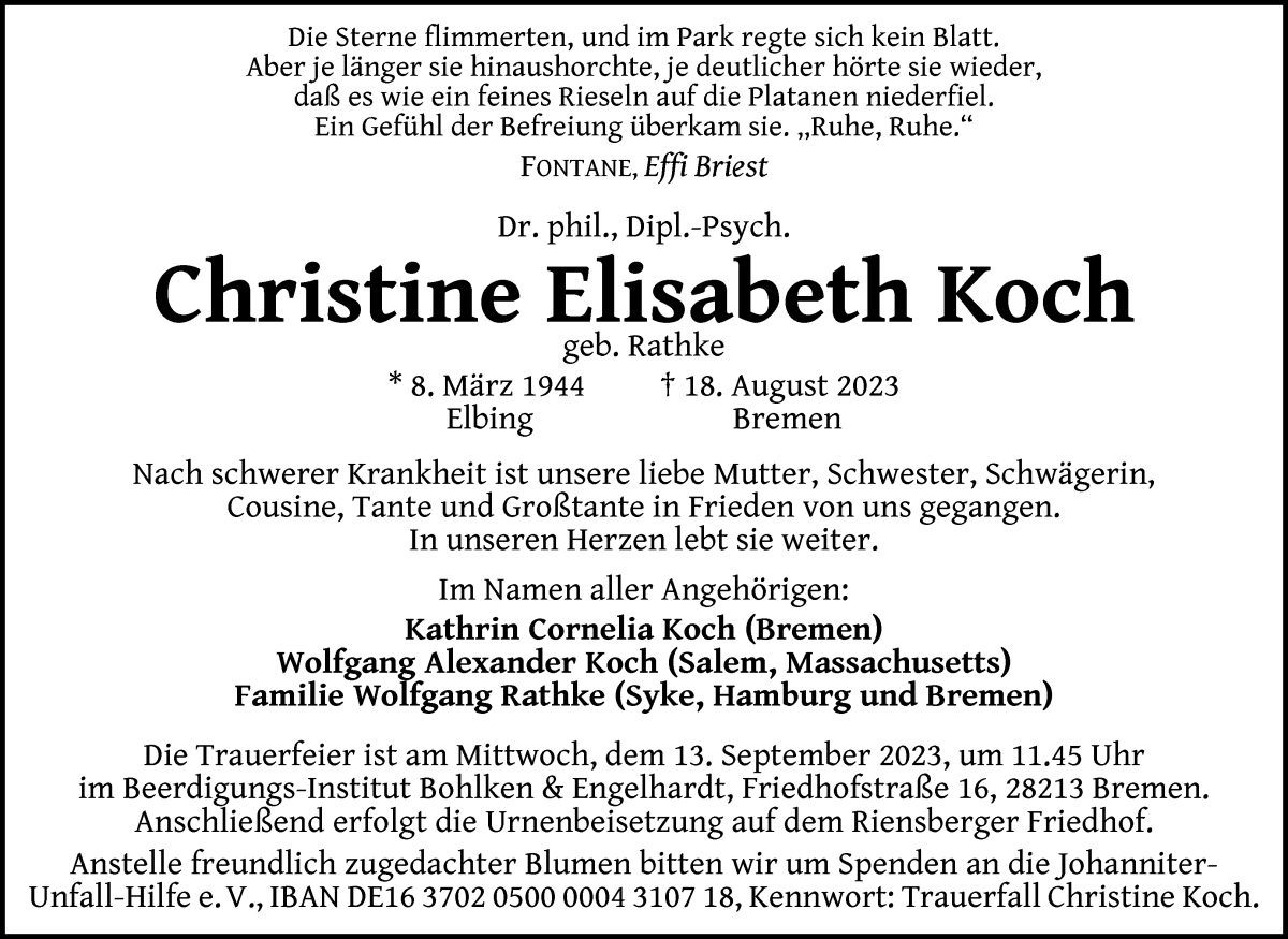 Traueranzeige von Christine Elisabeth Koch von WESER-KURIER