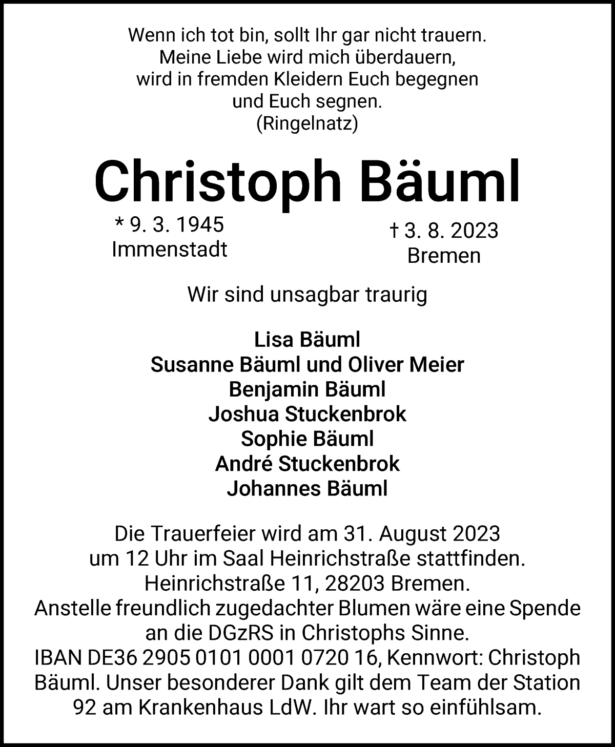Traueranzeige von Christoph Bäuml von WESER-KURIER