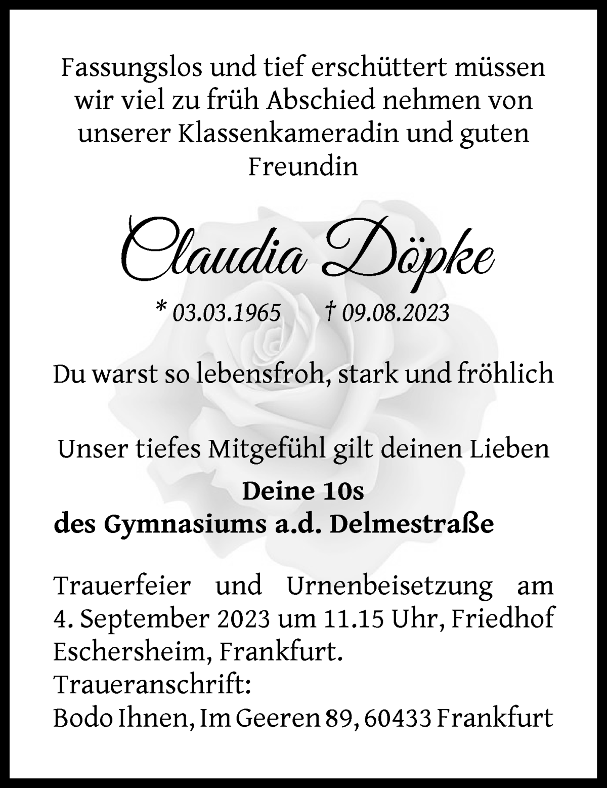 Traueranzeige von Claudia Döpke von WESER-KURIER