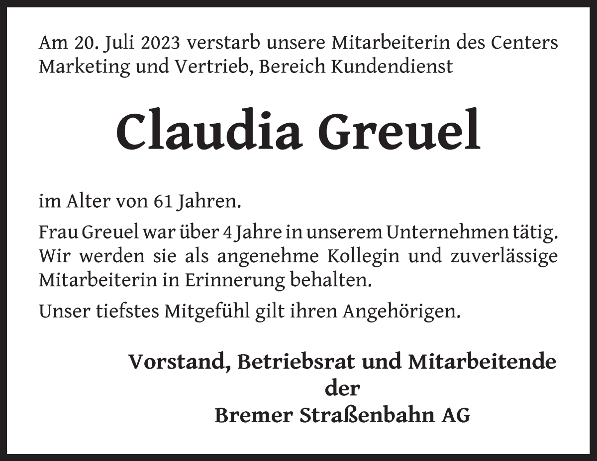 Traueranzeige von Claudia Greuel von WESER-KURIER
