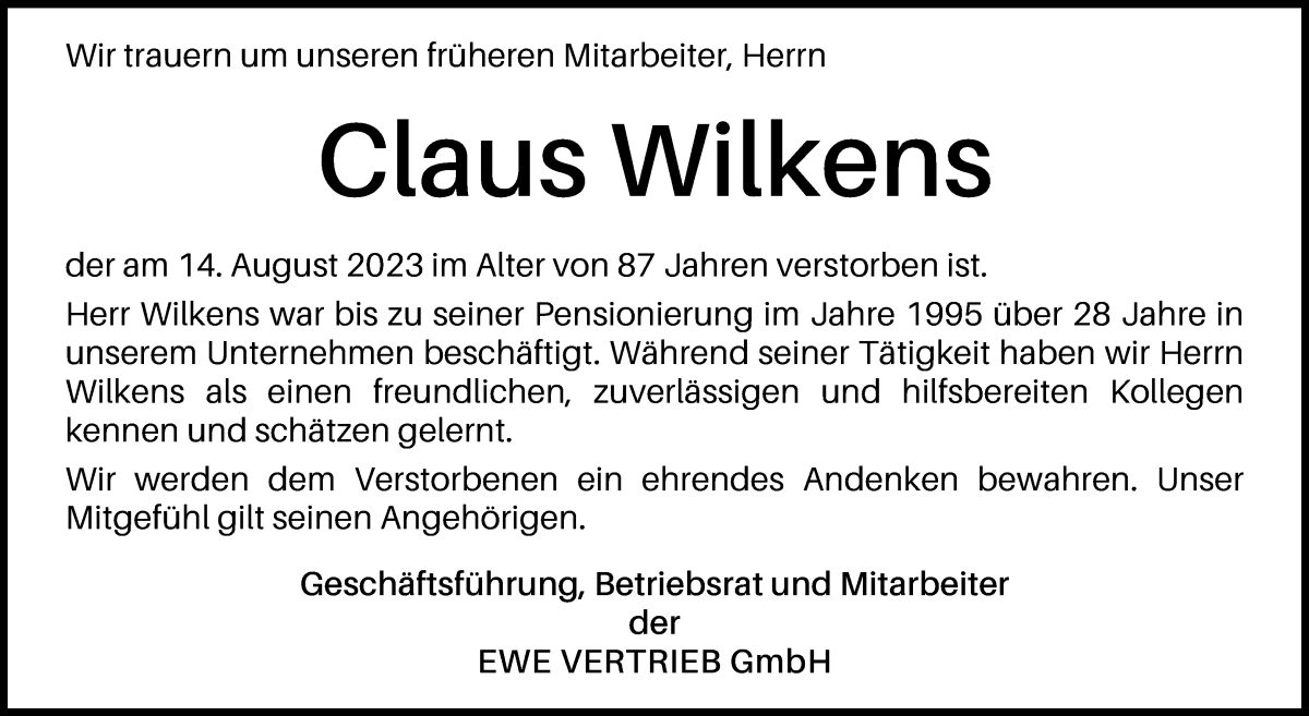 Traueranzeige von Claus Wilkens von WESER-KURIER