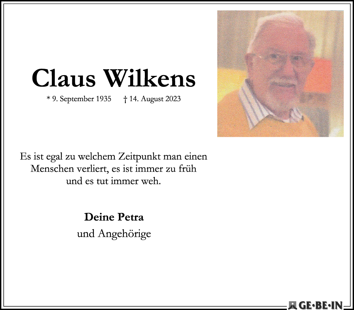 Traueranzeige von Claus Wilkens von WESER-KURIER
